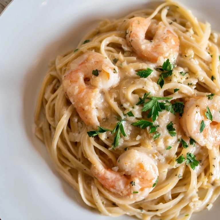 Steaming bowl of Creamy Garlic Shrimp Pasta, ready to be enjoyed with a glass of white wine.