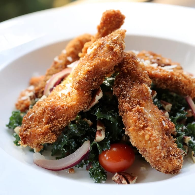 A close-up of the Crispy Chicken Kale Salad highlights the crunchy breaded cutlets atop vibrant greens, finished with a sweet and savory glaze.  