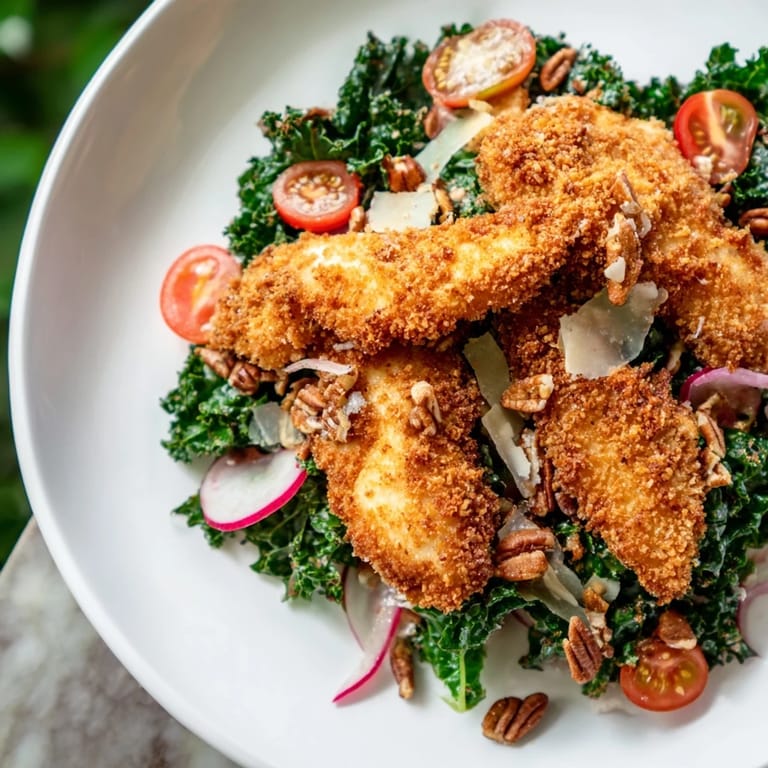Hearty Crispy Chicken Kale Salad served on a rustic plate, featuring juicy chicken, toasted pecans, and a rich maple-Dijon vinaigrette for a satisfying meal.
