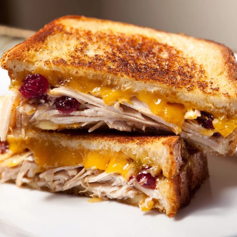 Sizzling Smoked Turkey Grilled Cheese in a skillet, featuring golden-brown crust, gooey melted cheddar, and a hint of Dijon-cranberry spread for a delicious lunch.