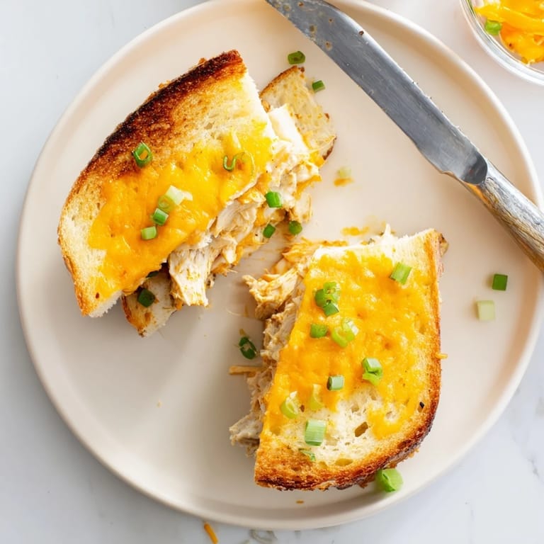 A close-up of a Buffalo Chicken Ranch Grilled Cheese, buttery bread toasted golden brown, gooey cheese stretching between two savory halves.
