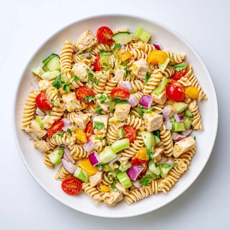 Freshly tossed Honey Mustard Chicken Pasta Salad showcases juicy chicken, crunchy cucumbers, and halved cherry tomatoes, perfect for an easy American summer picnic main dish.