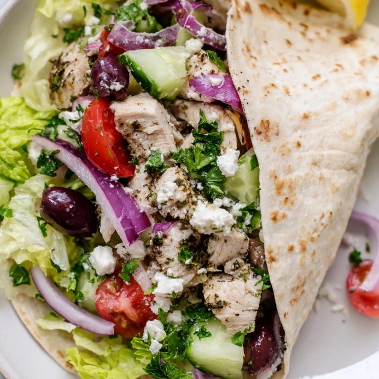 Greek Lemon Chicken Salad Wrap sliced in half, showing layers of cucumber, tomatoes, feta, and tender chicken.