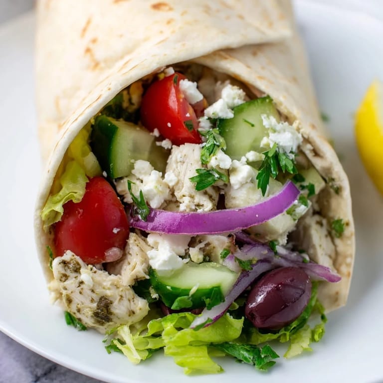 A hand holds a Greek Lemon Chicken Salad Wrap beside olives and a lemon wedge on a rustic table.
