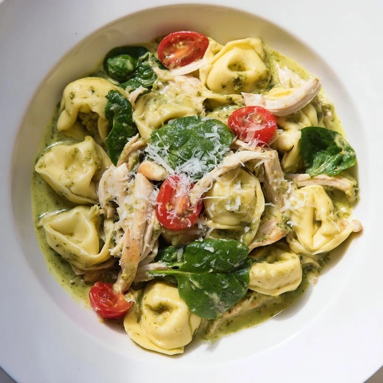 A close-up of Creamy Pesto Tortellini Skillet showing cheesy tortellini, rotisserie chicken, and creamy pesto sauce glistening.