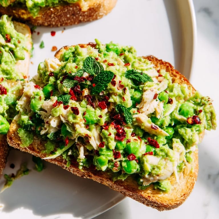 Savory Smashed Pea & Chicken Toast served hot, with melted feta crumbles and a bright lemon wedge, perfect for a quick lunch.