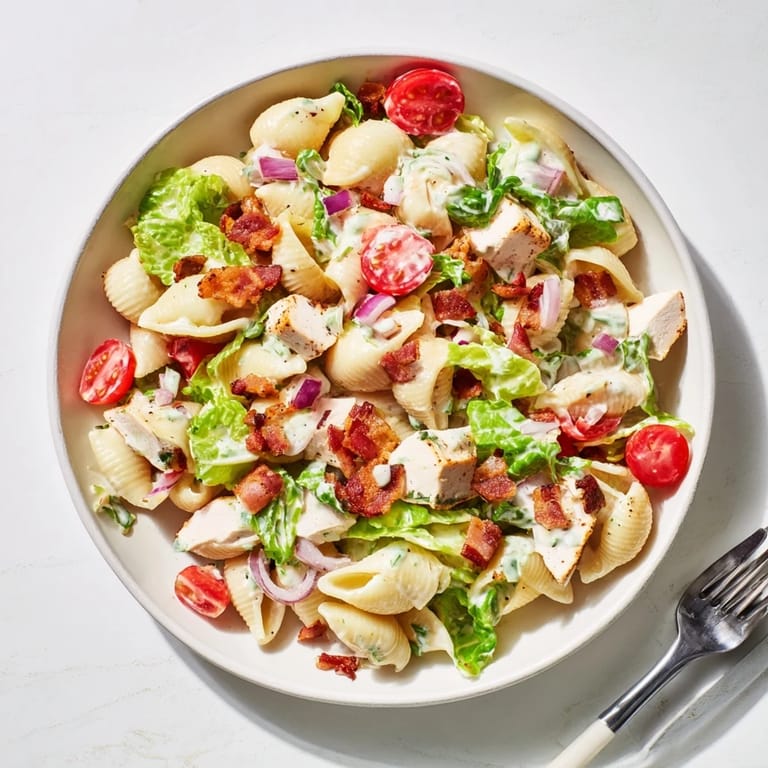 Bright BLT Chicken Pasta Salad with grilled chicken, crisp lettuce, bacon crumbles, and halved cherry tomatoes tossed in creamy, light mayonnaise dressing.
