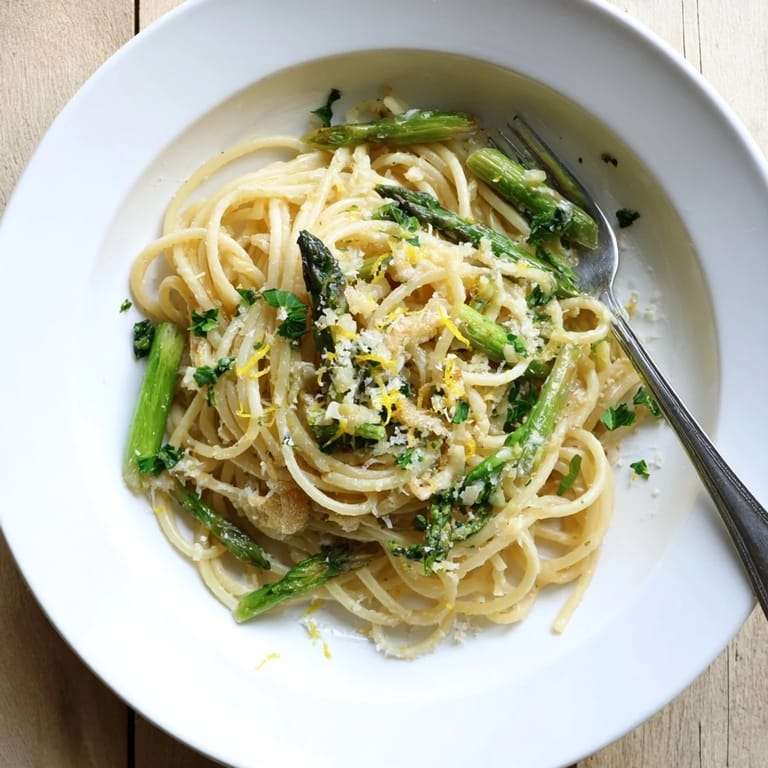 Golden roasted asparagus and mashed garlic combine in a silky olive oil sauce in this comforting vegetarian Roasted Garlic & Asparagus Pasta.