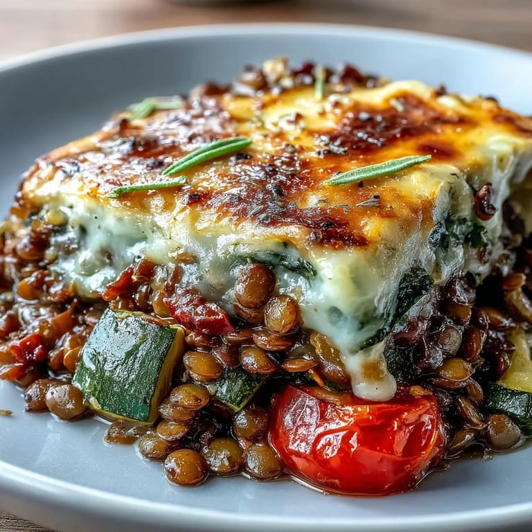 From above, a baked Green Lentil and Vegetable Casserole with a rustic crust sits next to a serving spoon, ready for a family dinner.