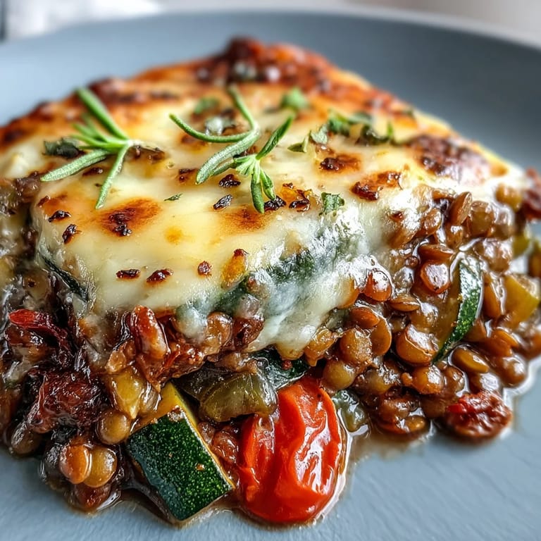 Freshly baked Green Lentil and Vegetable Casserole in a dish, topped with melted cheese and herbs, alongside crusty bread on a wooden table.