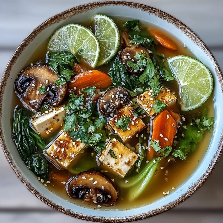Garnished with cilantro and sesame seeds, the Tofu and Vegetable Soup features tender bok choy and lime.