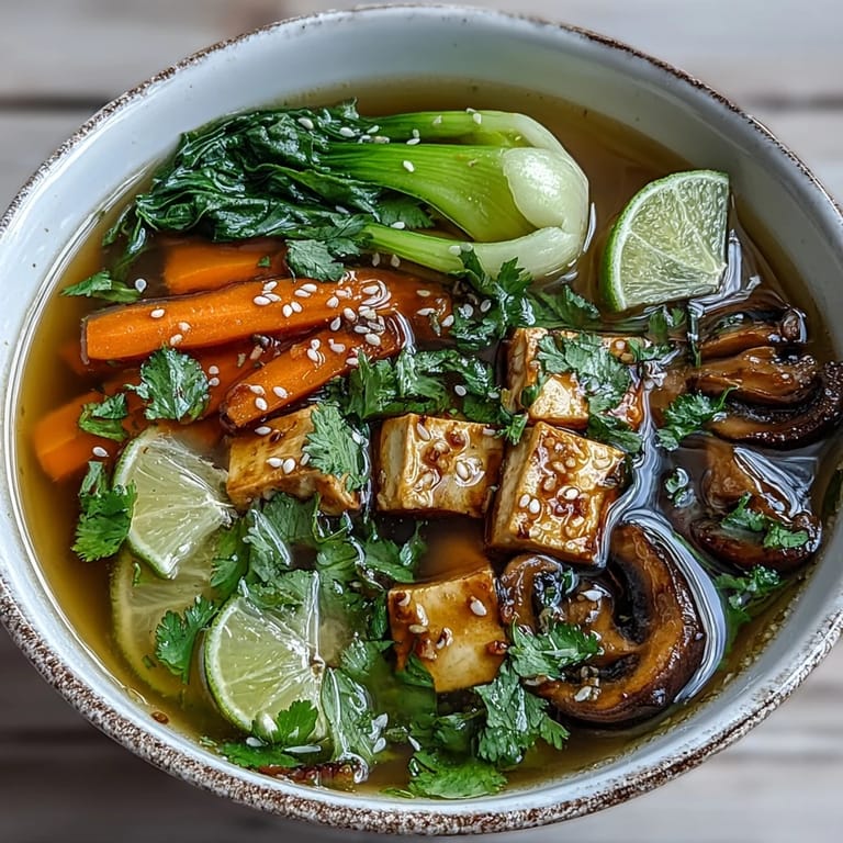 Close-up of Tofu and Vegetable Soup with silky tofu cubes and crisp bell peppers in a ladle.