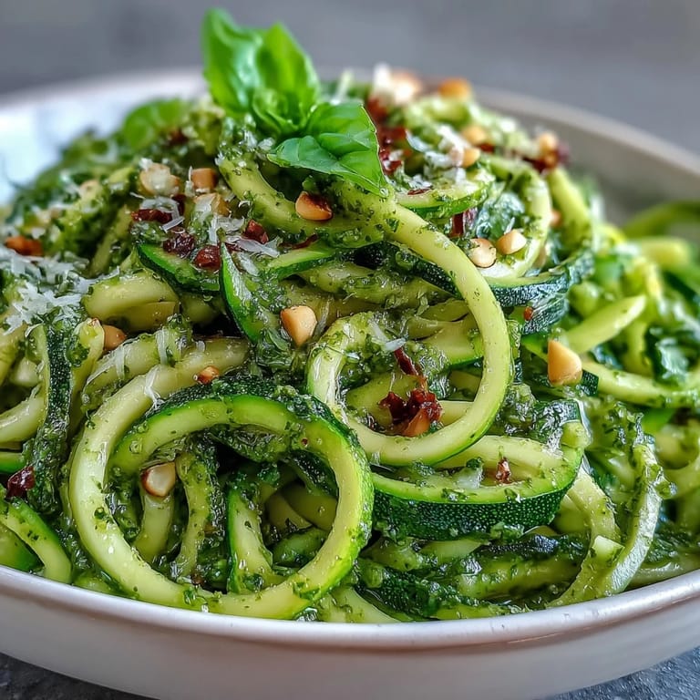 Zucchini noodles sautéed briefly until tender-crisp, generously coated in fragrant homemade pesto and garnished with fresh basil leaves.
