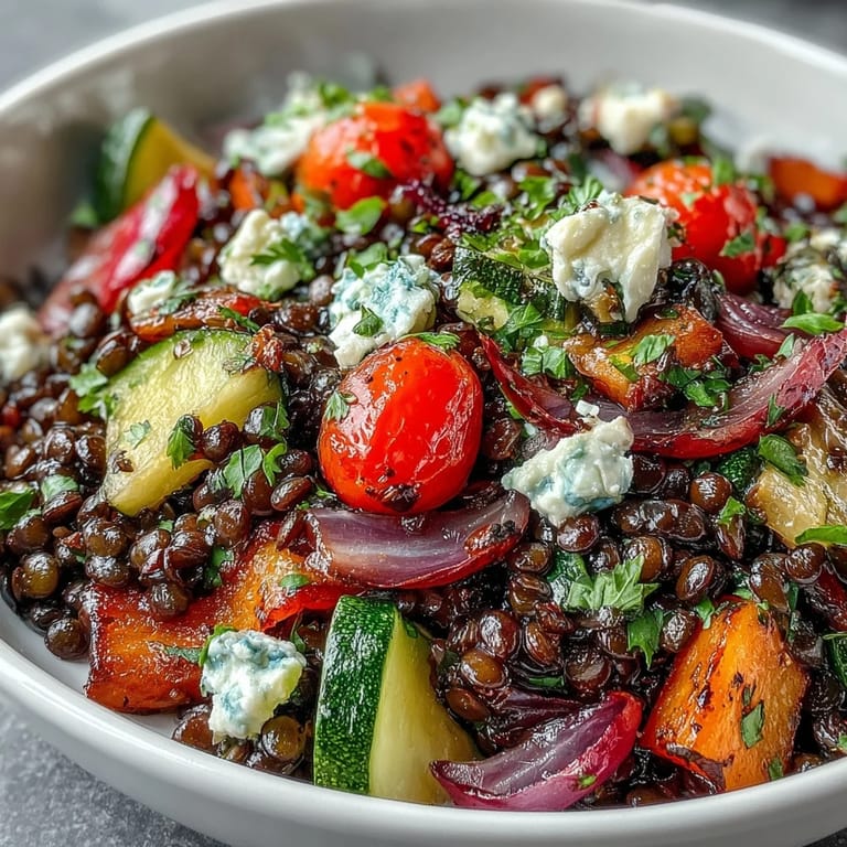 Vibrant Black Lentil Salad with caramelized roasted vegetables, cherry tomatoes, and parsley, ready to serve warm or at room temperature.