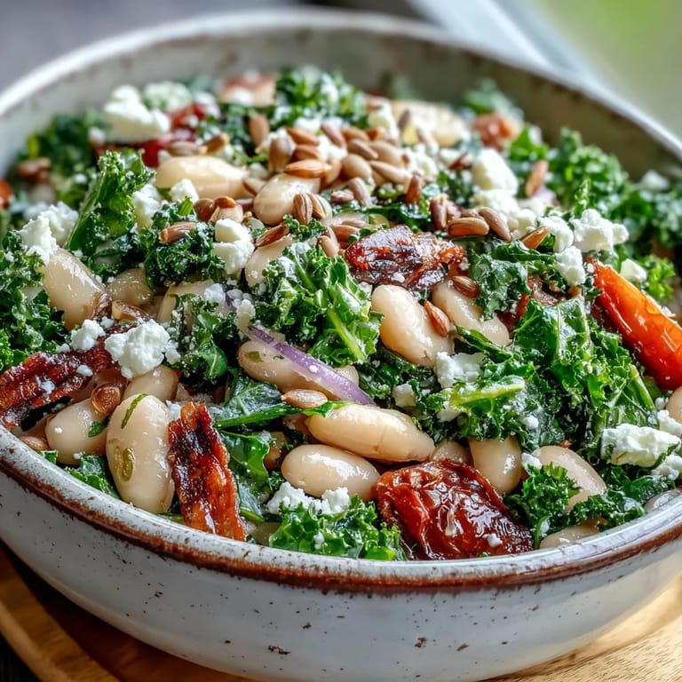 Hearty Mediterranean White Bean and Kale Salad served in a rustic white bowl, garnished with thinly sliced red onion and optional feta cheese for a savory contrast.