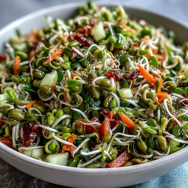 A close-up of the colorful Sprouted Seed Salad with diced cucumber, tomato, and grated carrot, ready to serve.