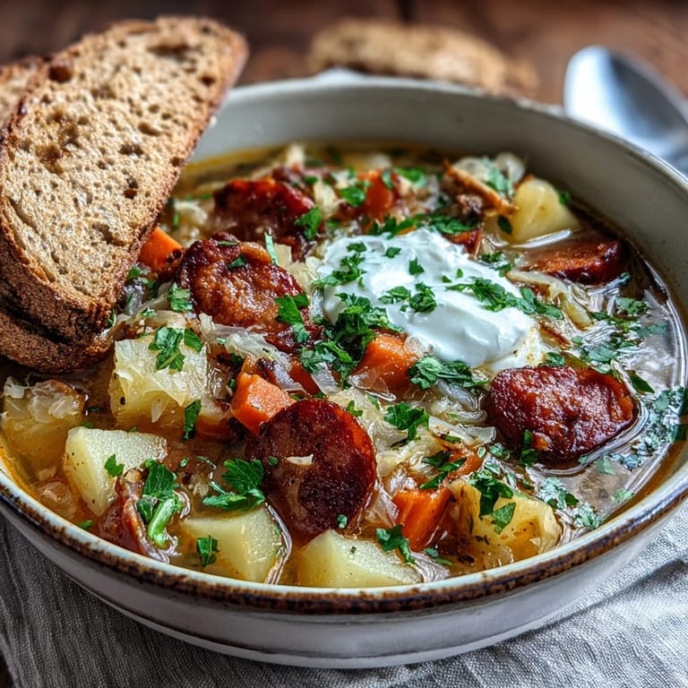 Hearty Sauerkraut Soup simmering in a pot, featuring fermented cabbage, smoked kielbasa, potatoes, and carrots for a comforting meal.