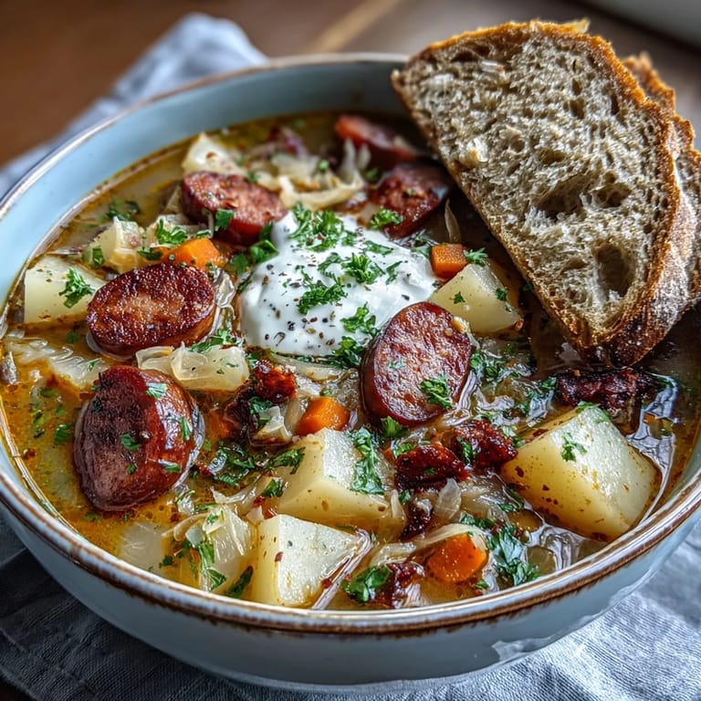 Spoon lifting a portion of vibrant Sauerkraut Soup, showcasing the rich broth and tender vegetables, ready to serve.