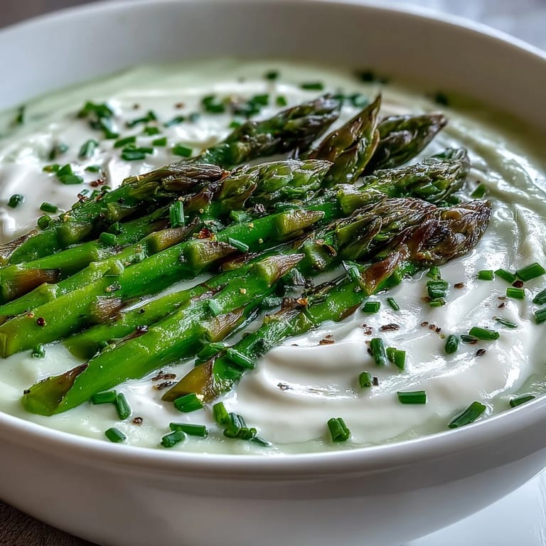 Bright green pureed asparagus soup topped with blanched tips, a light and elegant European-style starter.