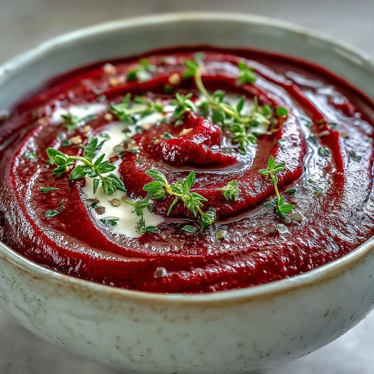 Vibrant magenta roasted beet soup in a white bowl with lemon wedge.