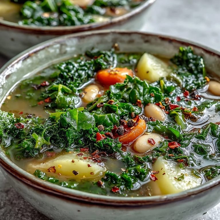 Hearty Kale Soup simmering in a pot with fresh thyme and root vegetables, ready to serve.