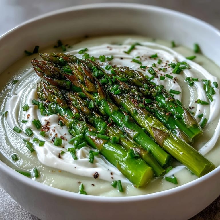 Silky smooth asparagus soup in a white bowl, ready to serve with crusty bread and white wine.