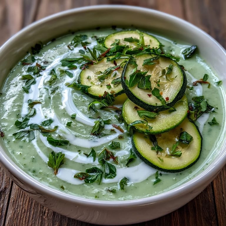 Smooth and silky zucchini soup in a white bowl, topped with fresh herbs and lemon zest for a bright, refreshing flavor.