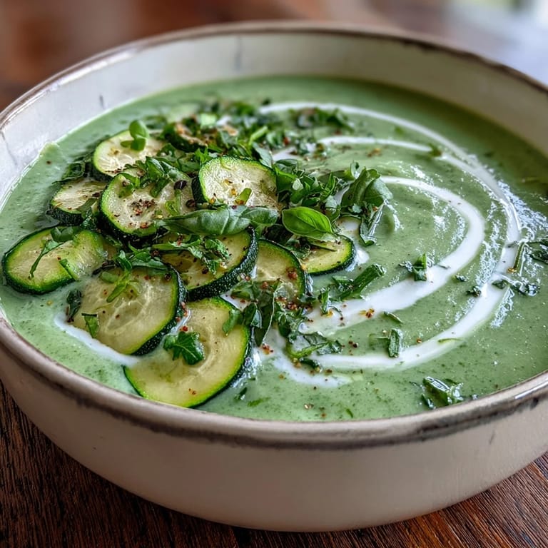 A comforting pot of homemade zucchini soup, blending roasted summer squash with vegetable broth and a hint of basil.
