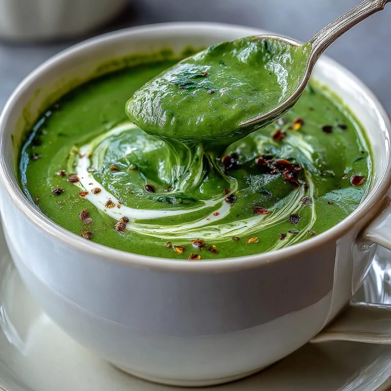 Silky smooth spinach soup with a touch of nutmeg, perfect for a cozy vegetarian lunch.