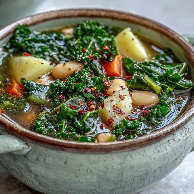 Freshly ladled Kale Soup topped with a lemon wedge, served warm with crusty bread on the side.