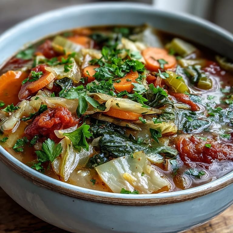 Vibrant Cabbage Soup simmering in a pot, featuring tender cabbage, celery, and carrots in tomato broth.