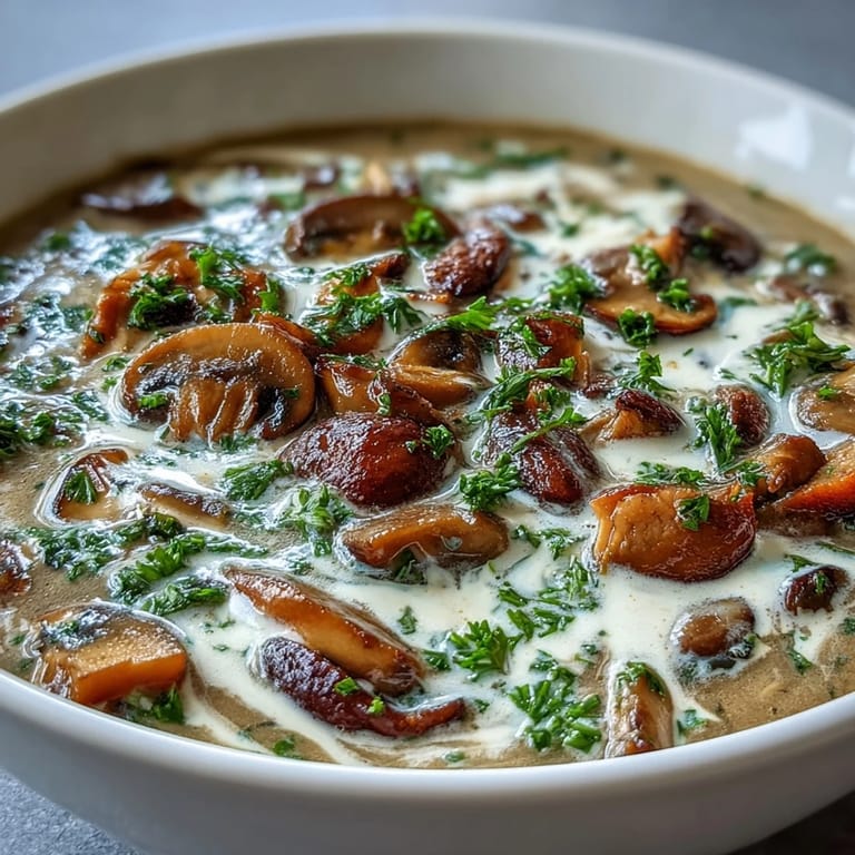Rich earthy mushroom soup served in a white bowl, steam rising from the surface.  