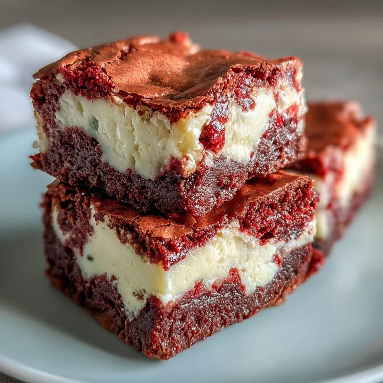 Sliced Red Velvet Cheesecake Brownies reveal fudgy chocolate layers and marbled cream cheese on a rustic wood serving board.
