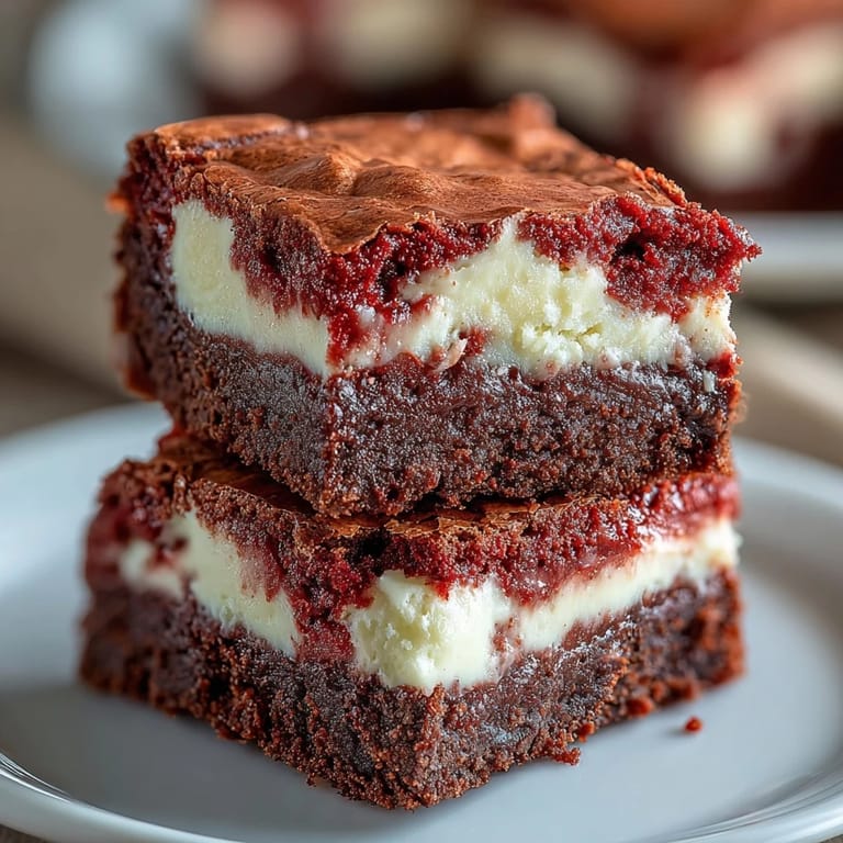Decadent Red Velvet Cheesecake Brownies topped with white chocolate shavings and fresh raspberries for a festive dessert presentation.