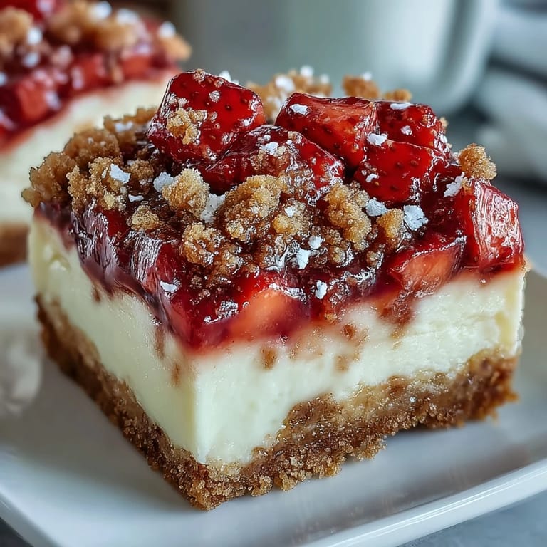 Cooling creamy cheesecake bars topped with fresh strawberries and streusel.