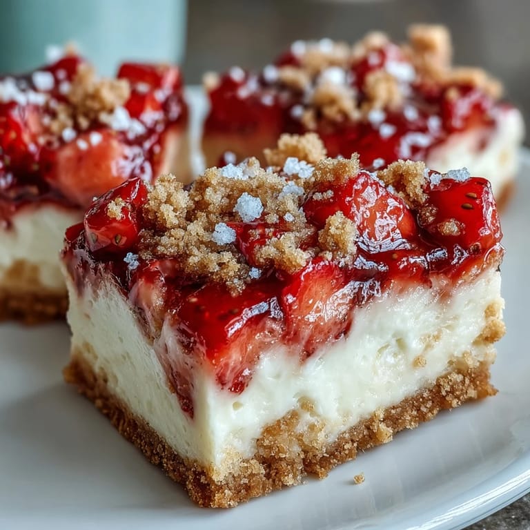 Sliced Strawberry Cheesecake Bars served with whipped cream on a plate.