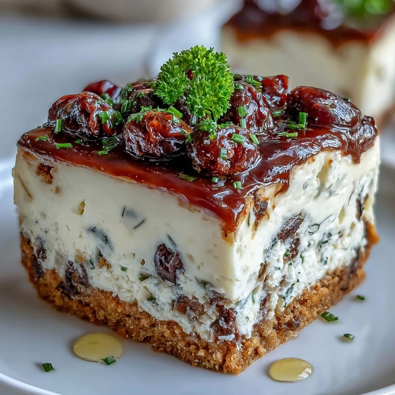 A rustic slice of Kalamata Cheesecake Appetizer served on a wooden board with fresh herbs and creamy ricotta filling.