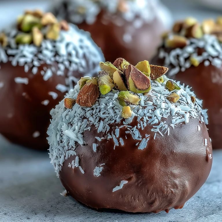 Rich chocolate truffles rolled in chopped pistachios, nestled on a plate with a glass of port.