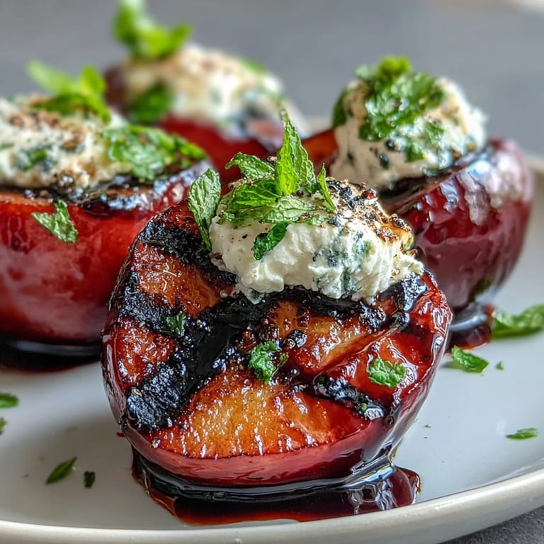 Grilled plums with soft goat cheese and fresh mint garnish, ready to serve as an appetizer.