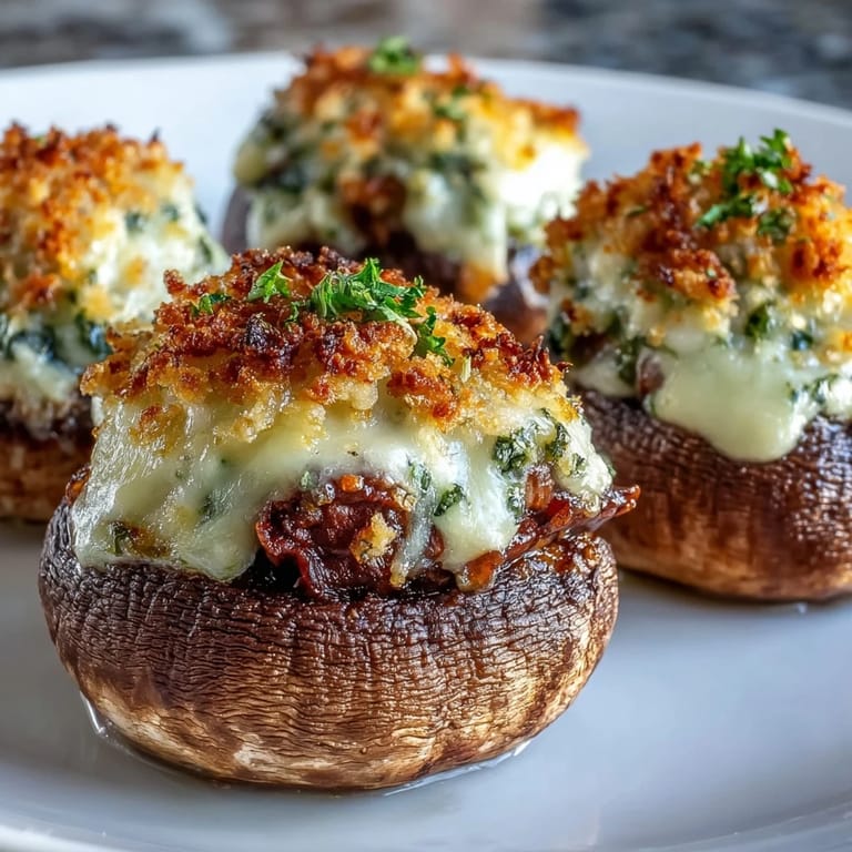 A platter of Stuffed Asiago-Basil Mushrooms garnished with basil, served warm for an elegant party appetizer.