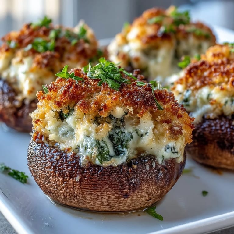 Close-up of Stuffed Asiago-Basil Mushrooms with bubbly Asiago, golden crumbs, and savory filling in cremini caps.