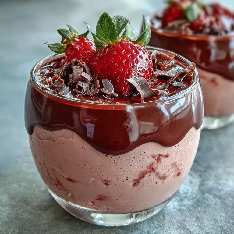 Clear glass reveals airy pink mousse under rich ganache, topped with fresh strawberries for this Chocolate-Covered Strawberry Mousse.