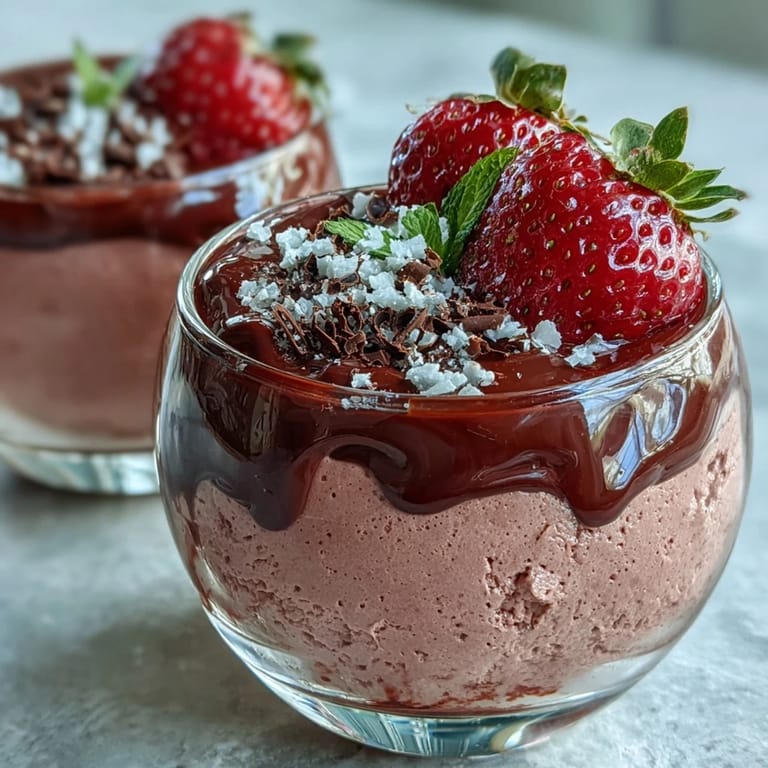 Fresh strawberry halves and shaved chocolate garnish this decadent Chocolate-Covered Strawberry Mousse dessert for a dinner party. 