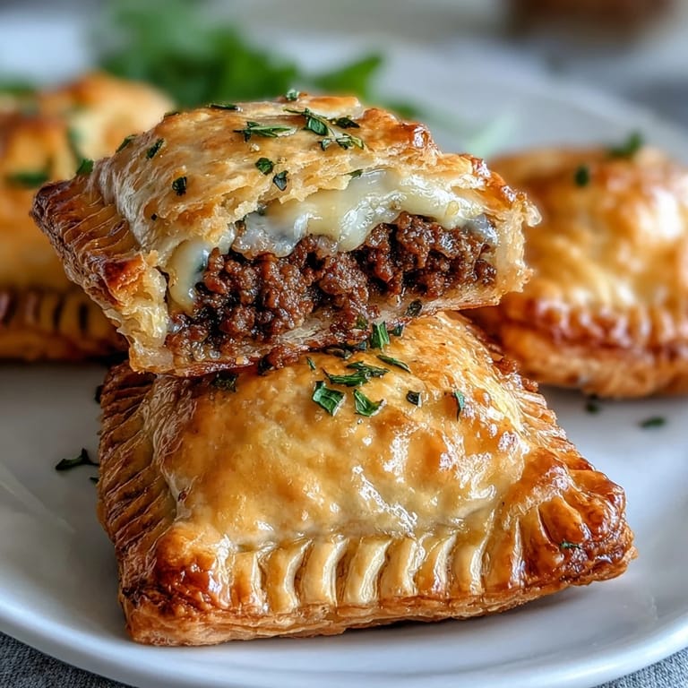 A close-up showcases the Mini Beef Tourtières revealing the savory, spiced ground beef filling steaming inside flaky pastry cups.
