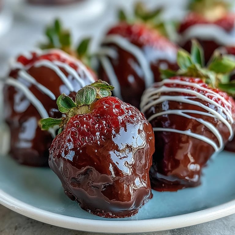 Homemade chocolate-covered strawberries drizzled with white chocolate, plated on a dessert tray with sparkling wine.