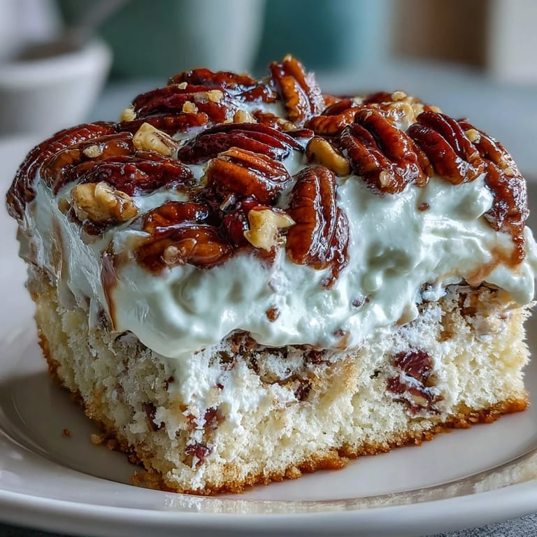 Butter Pecan Tres Leches Cake topped with creamy whipped cream and drizzled caramelized pecans.