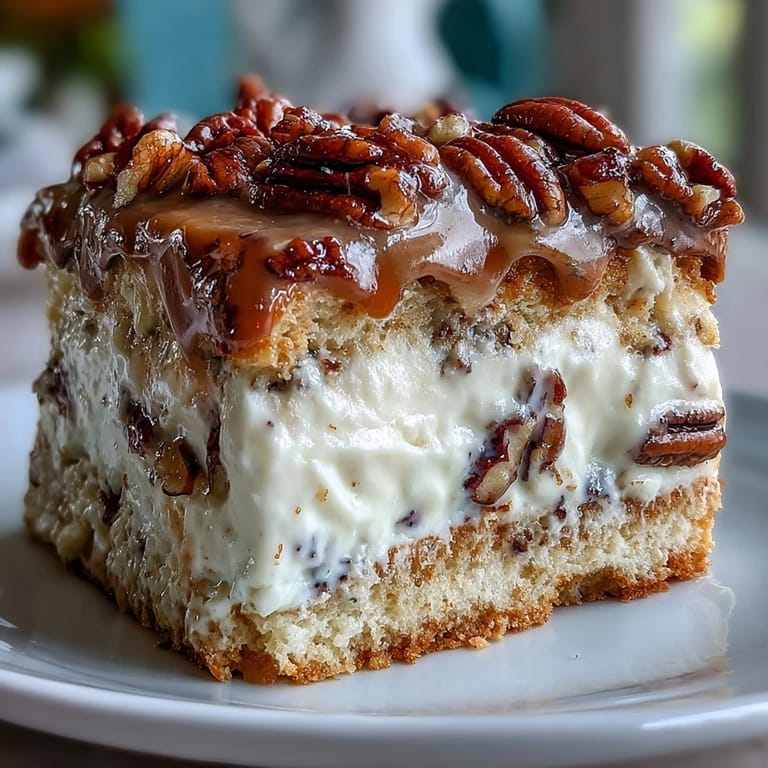 Moist slice of Butter Pecan Tres Leches Cake on a plate, garnished with toasted pecans.