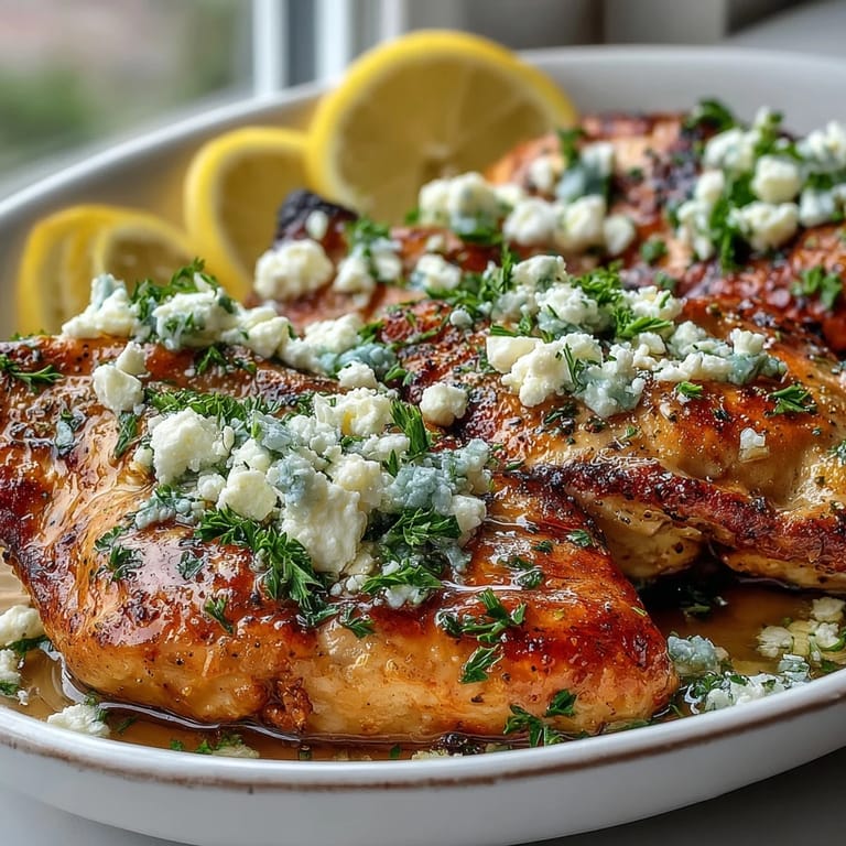 Plated Greek Chicken with Lemon and Feta, drizzled with olive oil and lemon wedges nearby.