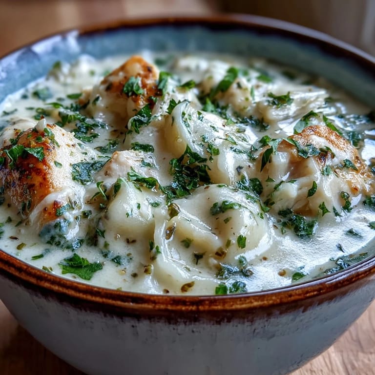 A spoon lifting a rich, velvety broth from a pot of Garlic Parmesan Chicken Soup, revealing tender chicken pieces and wilted spinach.
