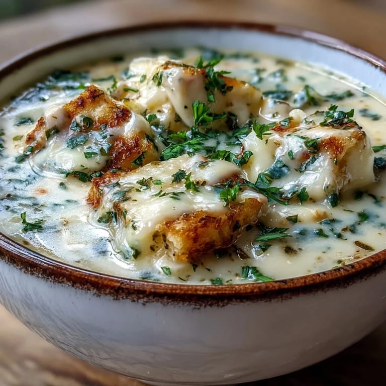 Overhead view of homemade Garlic Parmesan Chicken Soup, showing golden chicken, aromatic garlic, and steam rising into a cozy kitchen.